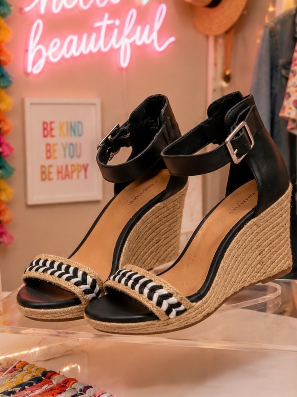 Christian Siriano Black Boho Wedge Sandals Size 11 Beach Resort Chic